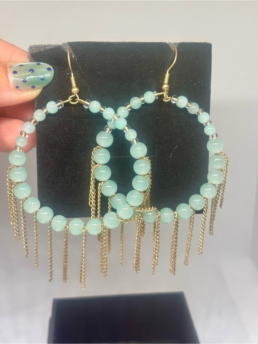 Gold & Mint Beaded Fringe Hoop Earrings - Women Jewelry